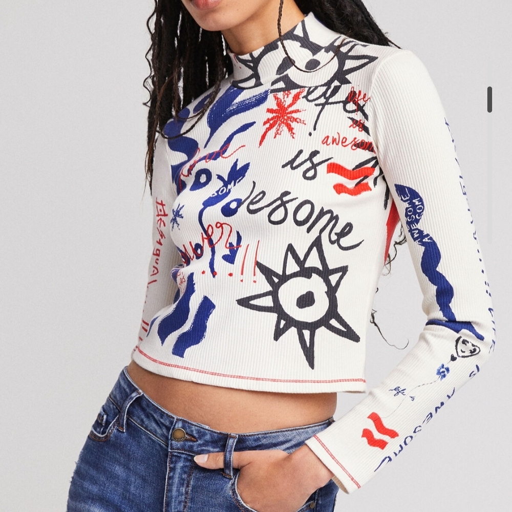 Desigual White and Blue Graphic Blouse